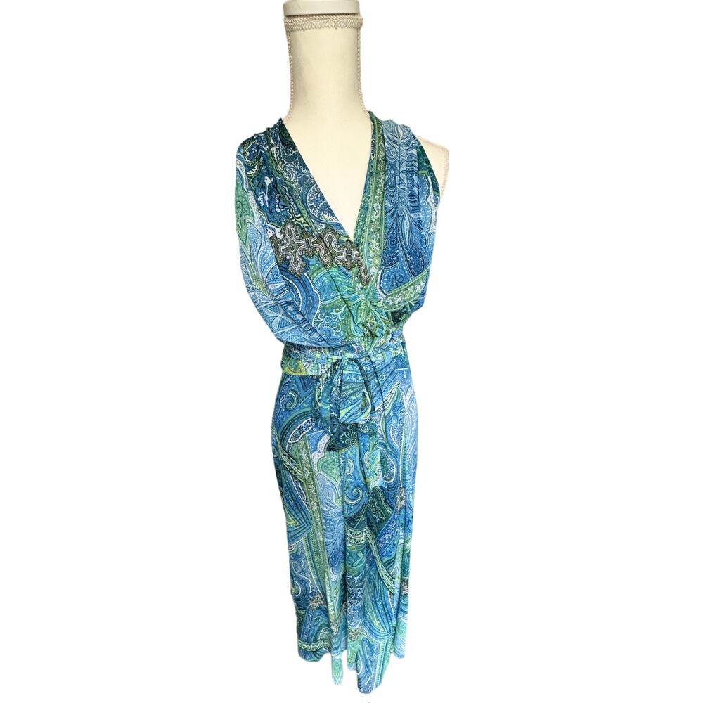 London Times Blue Green Zippered Paisley Print Maxi Dress Women's 8 Medium - Picture 3 of 14